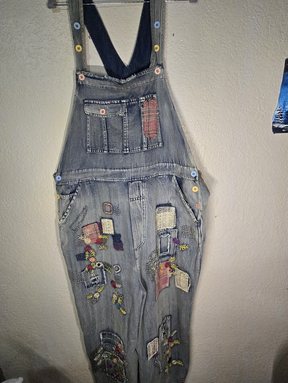 Blue Velvet Boho Embroidered Patchwork Denim Overalls Light Wash Medium XL